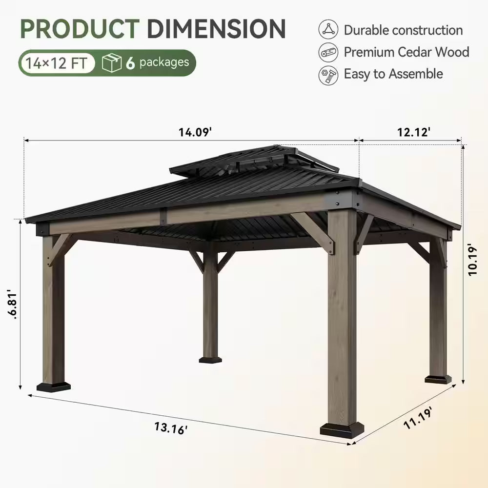 14 Ft. X 12 Ft. Outdoor Wood Gazebo, Hardtop Gazebo Permanent Wooden Pavilion with Galvanized Steel Double Roof, Gray