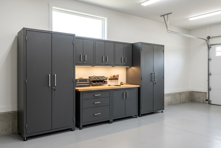 Garage storage cabinets in a modern residential garage