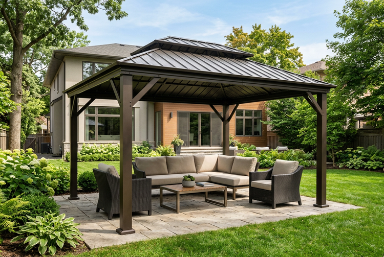 Gazebo in a landscaped backyard