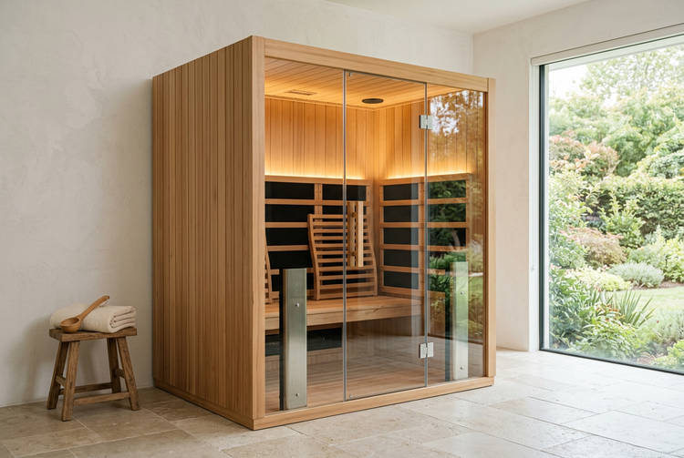 Infrared sauna in a bright home wellness room