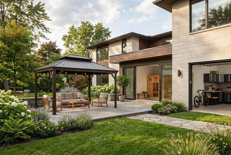 Residence connecting outdoor living, wellness, and garage organization