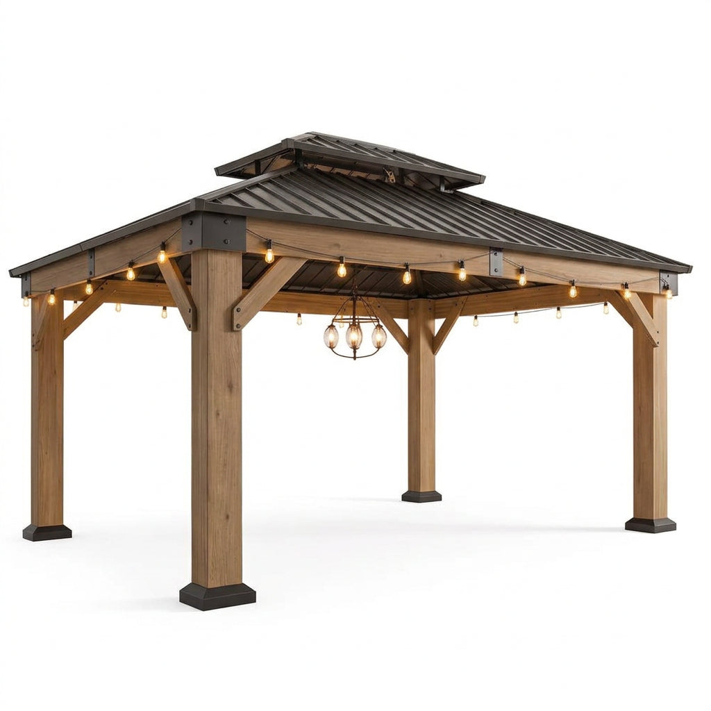 14 Ft. X 12 Ft. Outdoor Wood Gazebo, Hardtop Gazebo Permanent Wooden Pavilion with Galvanized Steel Double Roof, Gray