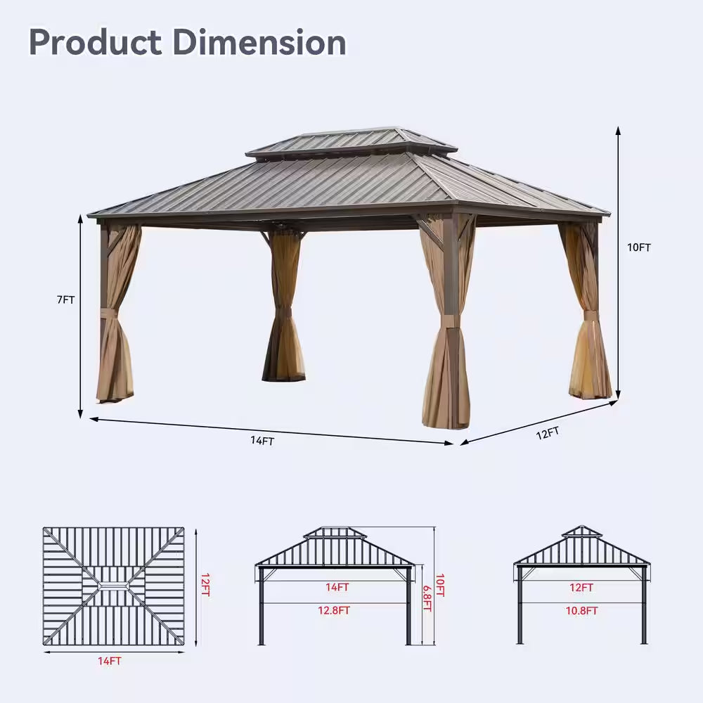 12 Ft. X 14 Ft. Aluminum Outdoor Gazebo Double Galvanized Steel Roof with Ceiling Hook, Mosquito Netting and Curtains