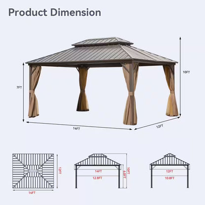 12 Ft. X 14 Ft. Aluminum Outdoor Gazebo Double Galvanized Steel Roof with Ceiling Hook, Mosquito Netting and Curtains