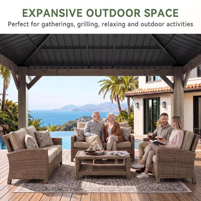 14 Ft. X 12 Ft. Outdoor Wood Gazebo, Hardtop Gazebo Permanent Wooden Pavilion with Galvanized Steel Double Roof, Gray