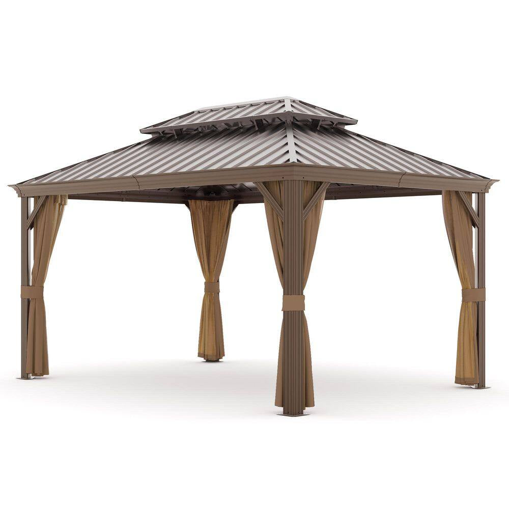 12 Ft. X 14 Ft. Aluminum Outdoor Gazebo Double Galvanized Steel Roof with Ceiling Hook, Mosquito Netting and Curtains