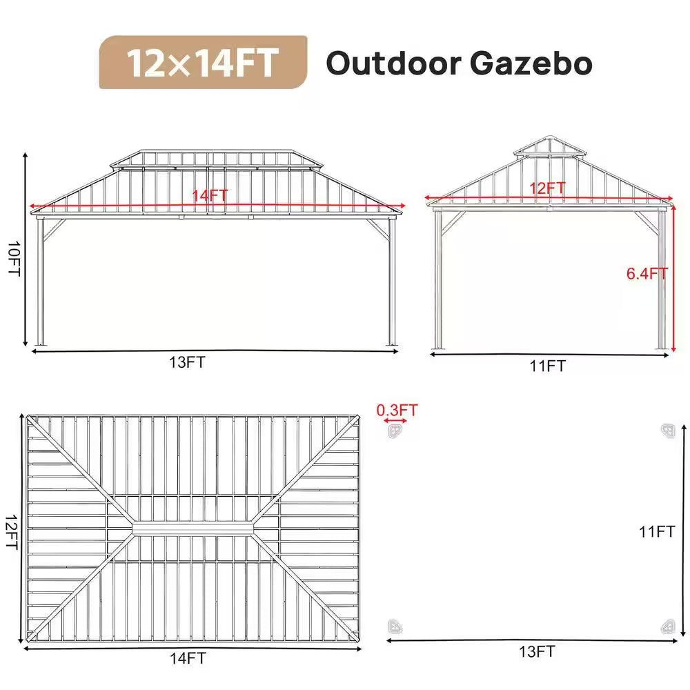 12 Ft. X 14 Ft. Double Galvanized Steel Roof Aluminum Frame Outdoor Patio Hardtop Gazebo with Netting and Curtains