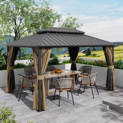 12 Ft. X 14 Ft. Double Galvanized Steel Roof Aluminum Frame Outdoor Patio Hardtop Gazebo with Netting and Curtains