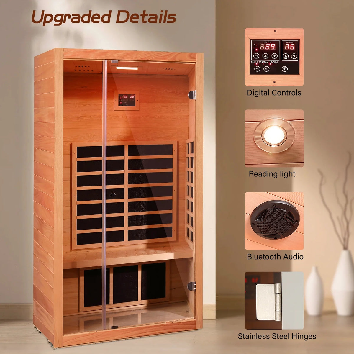 1 Person Extendable FAR Infrared Sauna for Home, Hemlock Wood Low EMF 6 Carbon Heaters Indoor Saunas with LED Lights, Bluetooth Speaker, Digital Control Panel, and Seating Bench