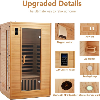 2024 Upgrade 2 Person Sauna, Low EMF 6 Heating Plate Infrared Physical Therapy Wooden Dry Steam Sauna with MP3 Auxiliary Connection, Dual Controls, Iron Shirt Wall Plate, Home Spa Day Use, Gift