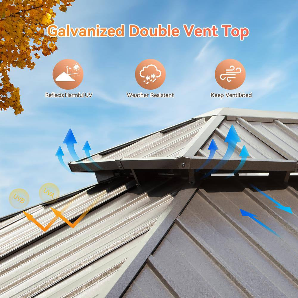 12 Ft. X 14 Ft. Aluminum Outdoor Gazebo Double Galvanized Steel Roof with Ceiling Hook, Mosquito Netting and Curtains