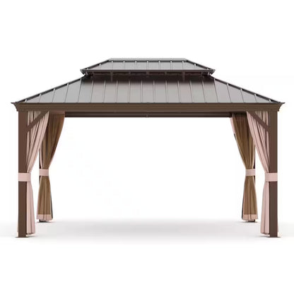 12 Ft. X 14 Ft. Aluminum Outdoor Gazebo Double Galvanized Steel Roof with Ceiling Hook, Mosquito Netting and Curtains