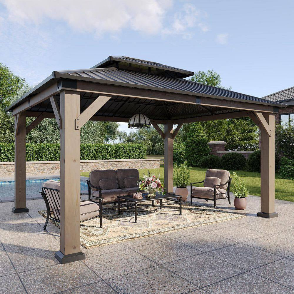 14 Ft. X 12 Ft. Outdoor Wood Gazebo, Hardtop Gazebo Permanent Wooden Pavilion with Galvanized Steel Double Roof, Gray
