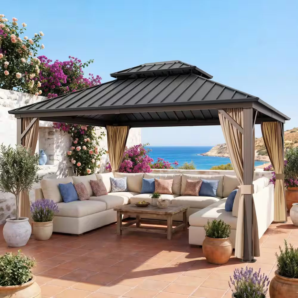 12 Ft. X 14 Ft. Aluminum Outdoor Gazebo Double Galvanized Steel Roof with Ceiling Hook, Mosquito Netting and Curtains