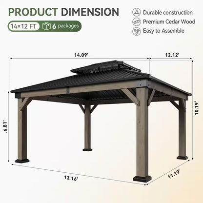 14 Ft. X 12 Ft. Outdoor Wood Gazebo, Hardtop Gazebo Permanent Wooden Pavilion with Galvanized Steel Double Roof, Gray