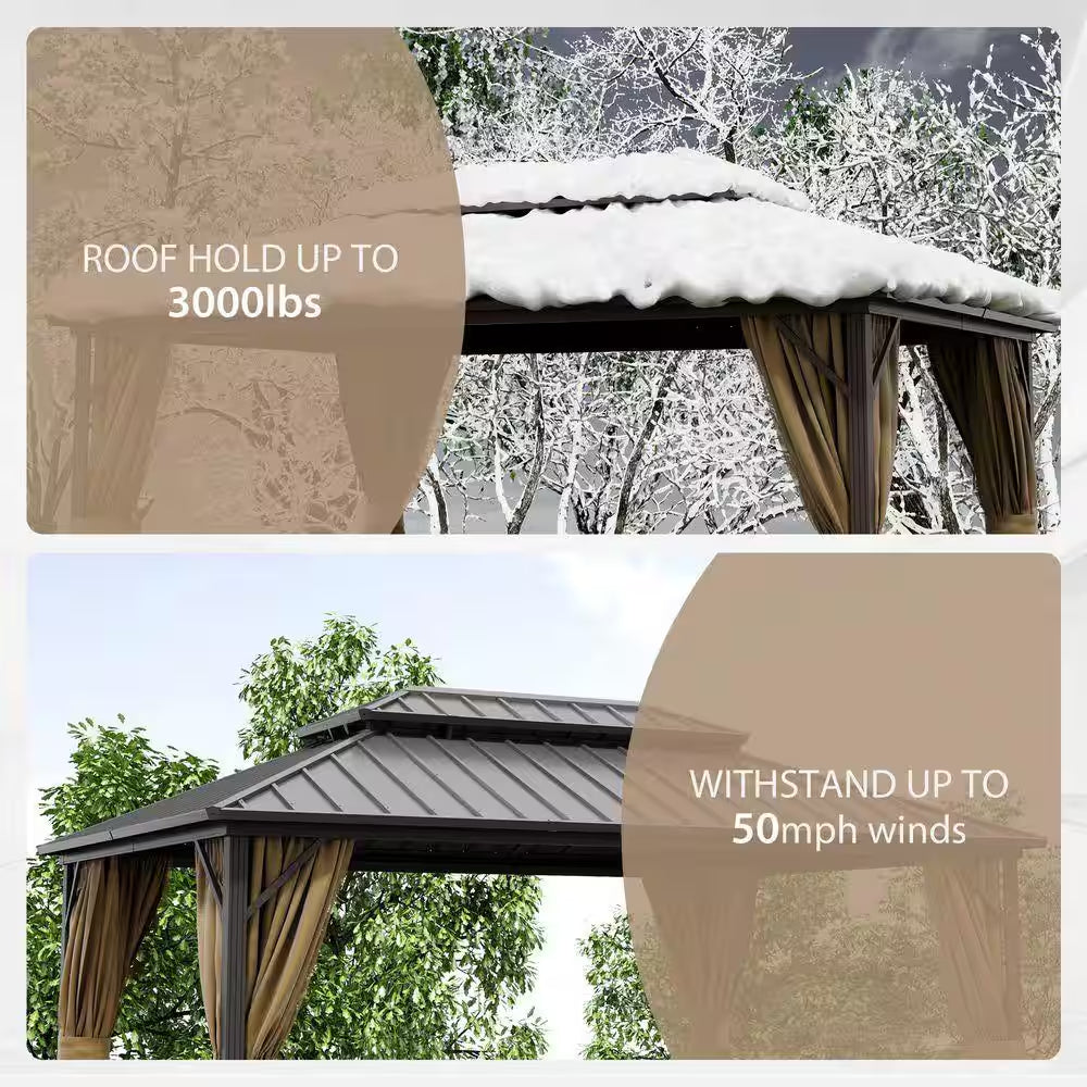 12 Ft. X 14 Ft. Double Galvanized Steel Roof Aluminum Frame Outdoor Patio Hardtop Gazebo with Netting and Curtains