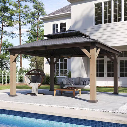 14 Ft. X 12 Ft. Outdoor Wood Gazebo, Hardtop Gazebo Permanent Wooden Pavilion with Galvanized Steel Double Roof, Gray