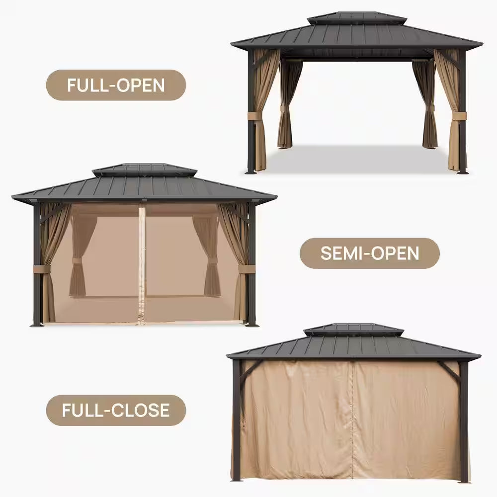 12 Ft. X 14 Ft. Double Galvanized Steel Roof Aluminum Frame Outdoor Patio Hardtop Gazebo with Netting and Curtains
