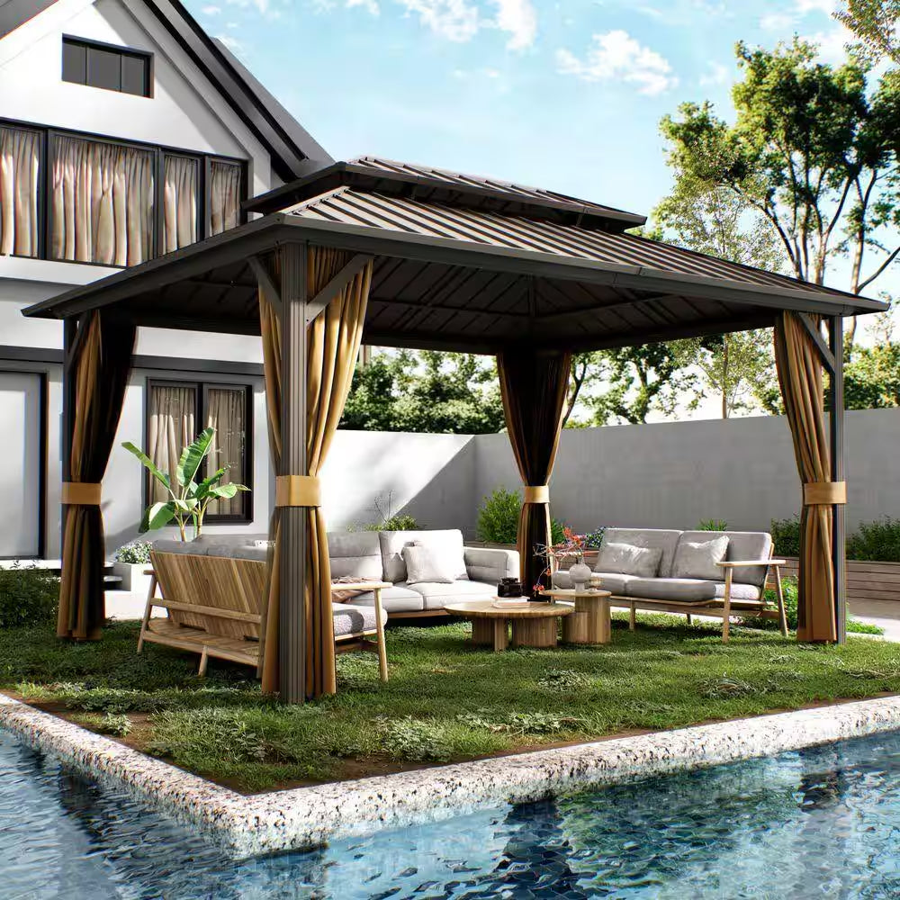 12 Ft. X 14 Ft. Double Galvanized Steel Roof Aluminum Frame Outdoor Patio Hardtop Gazebo with Netting and Curtains