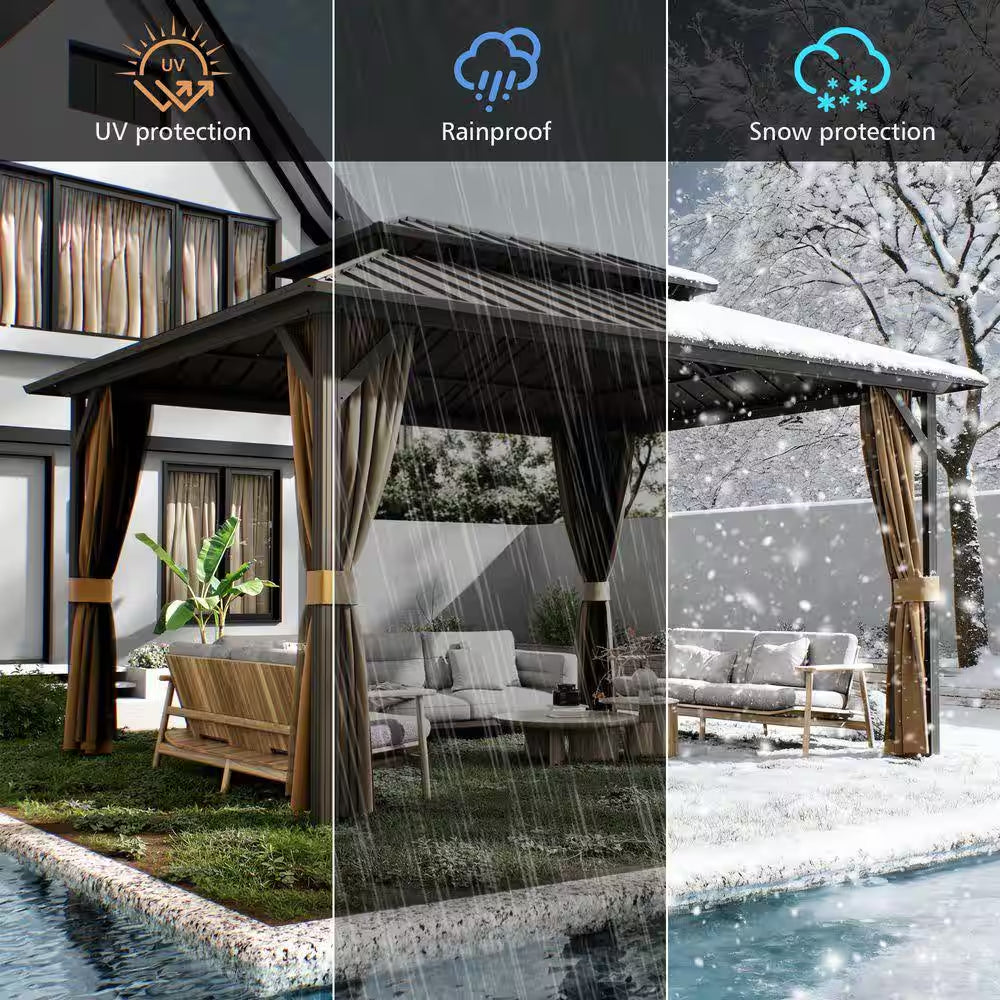 12 Ft. X 14 Ft. Double Galvanized Steel Roof Aluminum Frame Outdoor Patio Hardtop Gazebo with Netting and Curtains