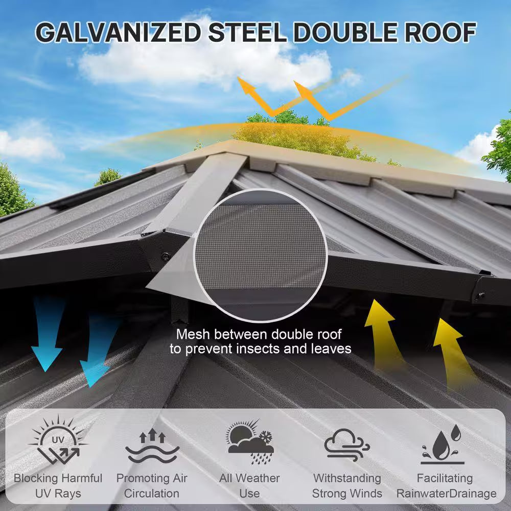 12 Ft. X 14 Ft. Double Galvanized Steel Roof Aluminum Frame Outdoor Patio Hardtop Gazebo with Netting and Curtains