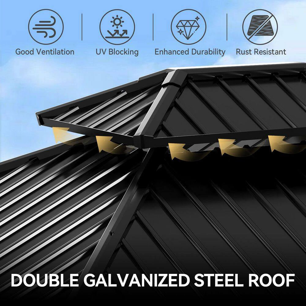 14 Ft. X 12 Ft. Outdoor Wood Gazebo, Hardtop Gazebo Permanent Wooden Pavilion with Galvanized Steel Double Roof, Gray