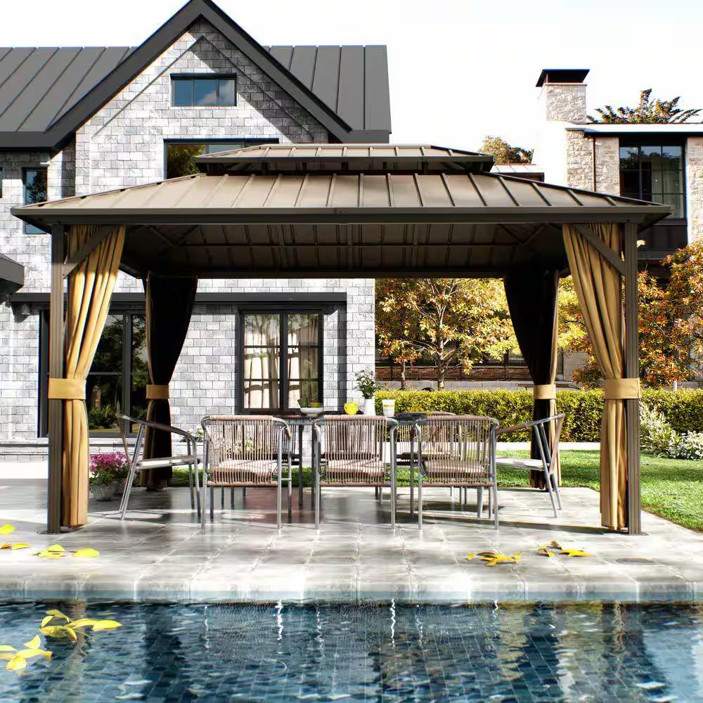 12 Ft. X 14 Ft. Double Galvanized Steel Roof Aluminum Frame Outdoor Patio Hardtop Gazebo with Netting and Curtains