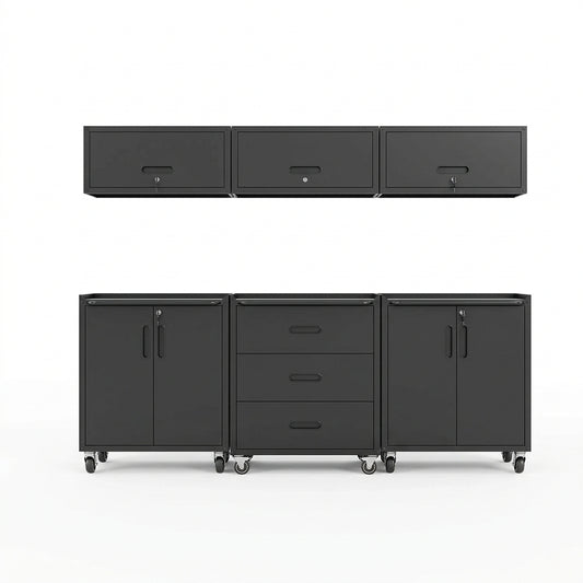 Garage Cabinet System | Heavy Duty Steel All-In-One Modular Garage Cabinet Set for Ultimate Workshop Organization | Easy Assembly Garage Storage Cabinets & Tool Bench