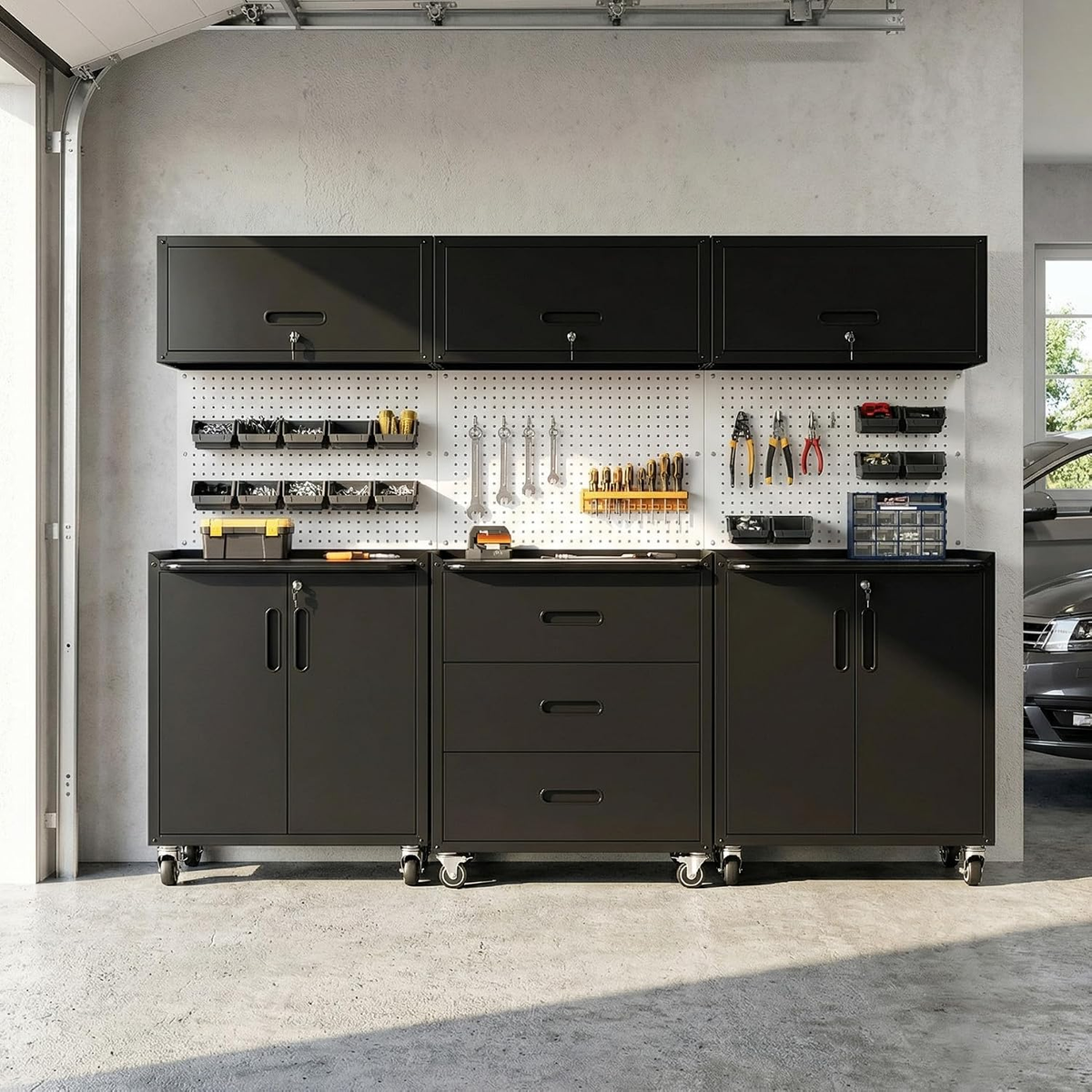 Garage Cabinet System | Heavy Duty Steel All-In-One Modular Garage Cabinet Set for Ultimate Workshop Organization | Easy Assembly Garage Storage Cabinets & Tool Bench