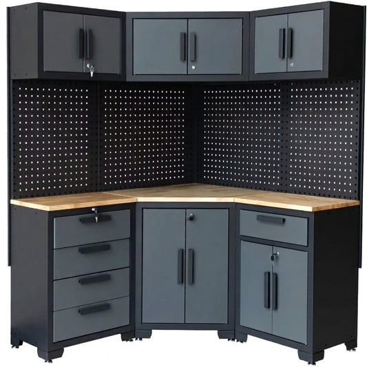 Garage Storage Cabinet System 8-Pcs Garage Cabinets and Storage System Corner Workshop Set with Corner Cabinet, Cabinet Drawers, Workbench, Pegboard for Tool Organization, Black and Grey