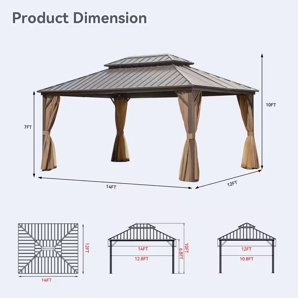 12 Ft. X 14 Ft. Aluminum Outdoor Gazebo Double Galvanized Steel Roof with Ceiling Hook, Mosquito Netting and Curtains