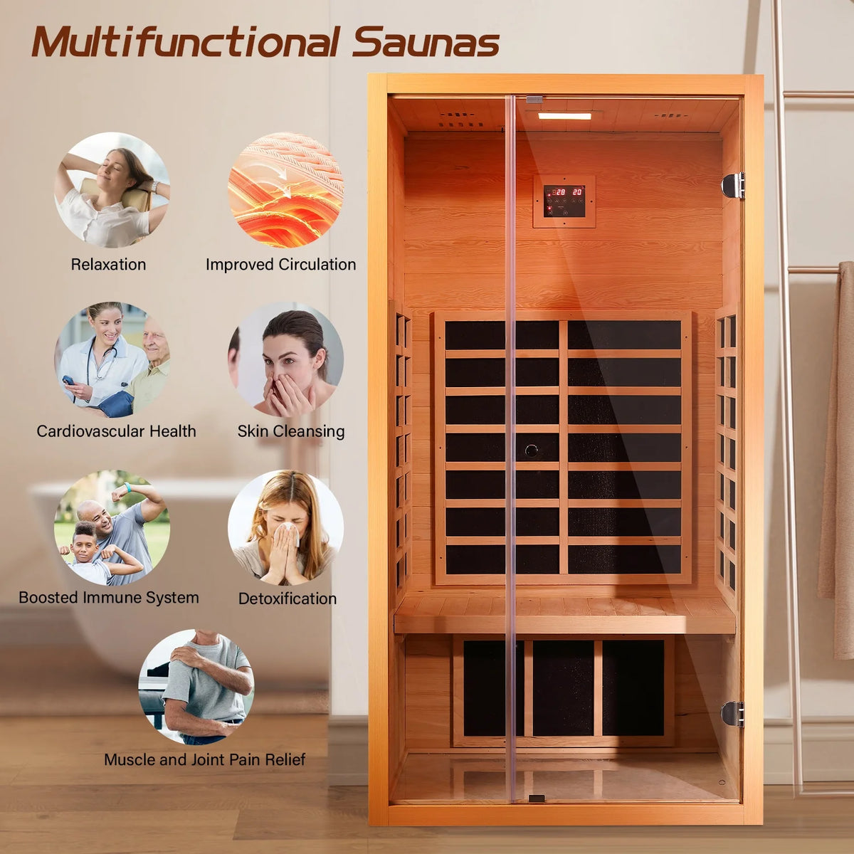 1 Person Extendable FAR Infrared Sauna for Home, Hemlock Wood Low EMF 6 Carbon Heaters Indoor Saunas with LED Lights, Bluetooth Speaker, Digital Control Panel, and Seating Bench
