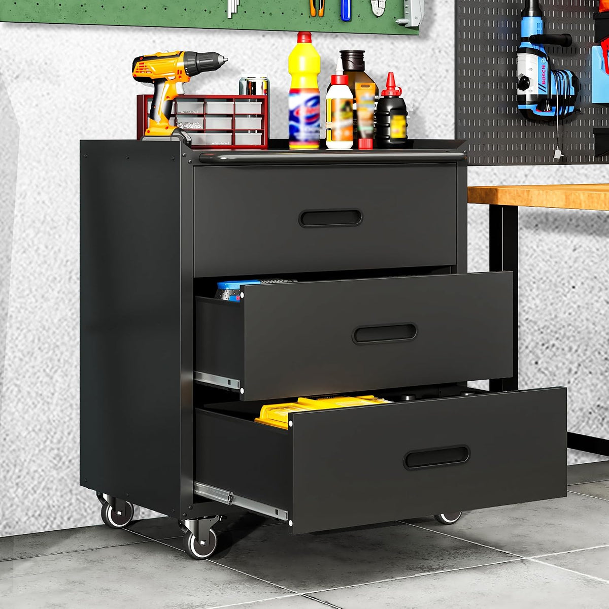 Garage Cabinets,Metal Garage Storage Cabinet with Wheels,Black Lockable Rolling Tool Cabinet with Drawer and Adjustable Shelves,Heavy Duty Tool Chest for Home Office Utility Room