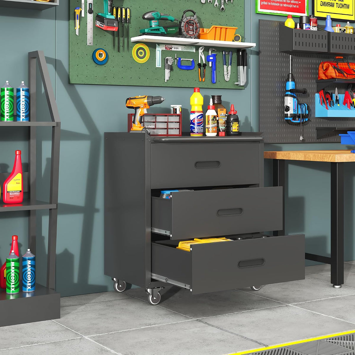 Garage Cabinets,Metal Garage Storage Cabinet with Wheels,Black Lockable Rolling Tool Cabinet with Drawer and Adjustable Shelves,Heavy Duty Tool Chest for Home Office Utility Room